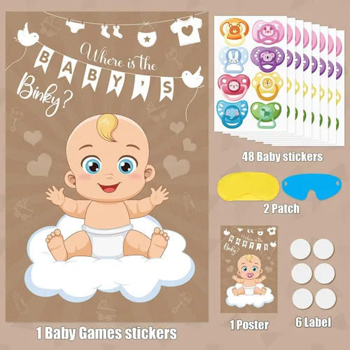 Miniatura 2 de Pin The Pacifier On The Baby Game Póster de juegos de chupetes con 64 calcomanías para chupetes para baby shower, regalos de fiesta, suministros