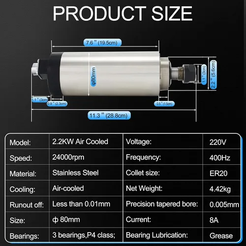 Miniatura 3 de RATTMMOTOR Motor CNC 2.2KW Motor de husillo refrigerado por aire 220V 3.150 in Motor ER20 Collet 3HP 24000RPM husillo de alta velocidad 8A 400Hz