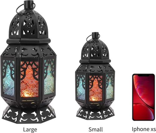 Miniatura 8 de Lewondr Farol de vela retro de hierro Ramadán, portátil de hierro forjado marroquí, de 10.2 pulgadas, portavelas decorativo, lámpara colgante