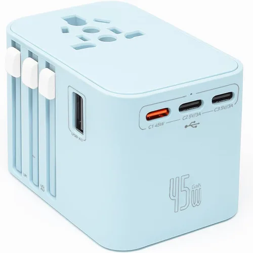 Adaptador de viaje universal de 45 W - Enchufe compacto con 3 puertos USB-C y 2 puertos USB-A para UE/Reino Unido/US/AU, adaptador de corriente Azul