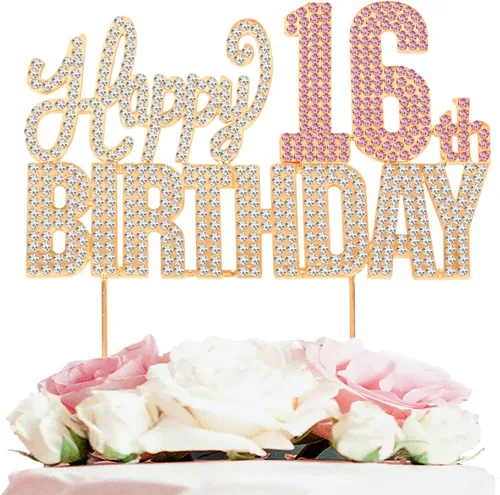 Miniatura 27 de Decoración de pastel de diamantes de imitación rosa y plateado con texto en inglés "Cheers to 11 Years Old Eleven Bday" de metal brillante