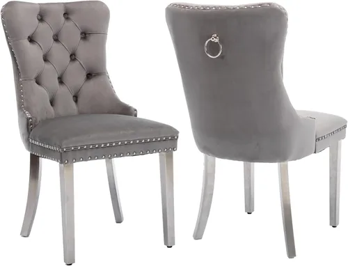 Miniatura 59 de Shenyon Juego de 2 Sillas de Comedor de Terciopelo Gris, Sillas de Comedor Tapizadas con Ribete de Anilla Trasera y Patas de Madera Maciza, Sillas