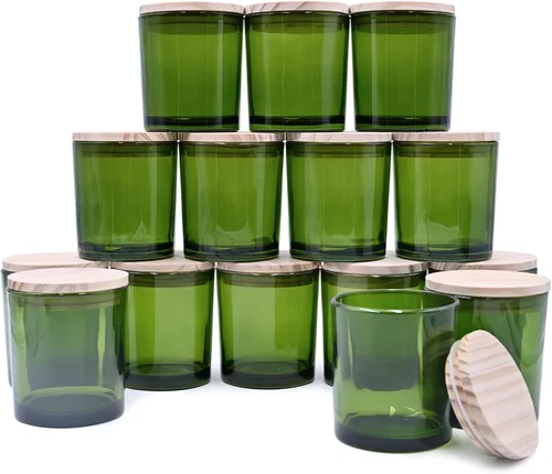 Miniatura 48 de SHOWIN Frascos de vela gruesos de 10 onzas para hacer velas 15 piezas, frascos vacíos con tapas de madera para hacer velas, contenedor de muestra