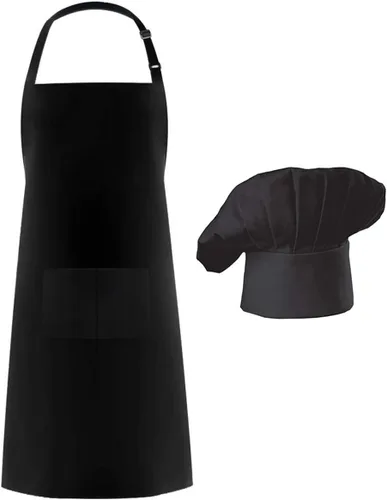 Miniatura 3 de Hyzrz Juego de delantal de chef y sombrero, delantal de cocina ajustable para adultos con sombrero de carnicero, delantal de disfraz de panadero