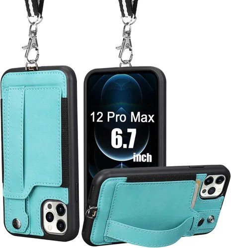 TOOVREN Funda para iPhone 12 Pro Max con tarjetero de cuero, correa para el cuello, collar ajustable, funda protectora para iPhone 12 Pro Max de 6.7