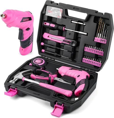 Miniatura 9 de Juego de herramientas de 143 piezas rosa para propietario de casa con destornillador inalámbrico de 3.6 V, kit de herramientas manuales