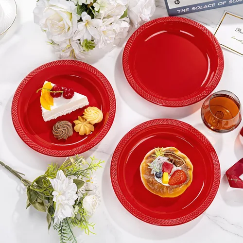 Miniatura 9 de WELLIFE Platos de plástico rojos de 9 pulgadas, 50 unidades, platos desechables para fiesta, día de la madre, plato para cena, postre, suministros