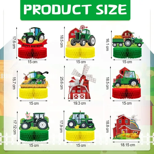 Miniatura 2 de 9 piezas de centro de mesa de nido de abeja de tractor, decoración de fiesta de cumpleaños con temática de tractor verde de granja, decoración