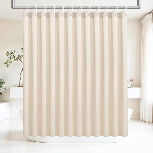 Miniatura 10 de Ga-Geetopia Cortina de ducha de lino sin gancho con forro a presión, cortina de ducha beige de estilo de lujo de hotel con ventana superior