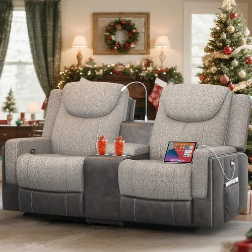 Miniatura 12 de Dresegmt Sofá reclinable, 2 vías multifunción manual de 3 plazas con portavasos, almacenamiento y puertos USB, moderno sofá multifuncional, sofá