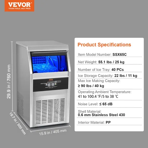 Miniatura 7 de VEVOR Máquina comercial para hacer hielo, máquina de hielo de 90 libras/24 horas con capacidad de almacenamiento de 22 libras, 40 cubitos de hielo