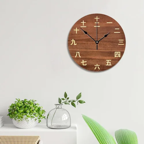 Miniatura 6 de Reloj de pared con números Kanji vintage, estilo rústico, elegante, de madera, 10 silenciosos, sin tictac, de cuarzo, funciona con pilas, para sala
