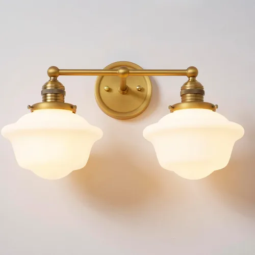 Miniatura 11 de Apliques de Pared Dorados de 2 Luces, Aplique de Pared Vintage para Baño con Vidrio Esmerilado de Doble Brazo de Latón, Luz de Tocador para Baño