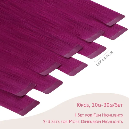 Miniatura 2 de WENNALIFE Extensiones de cabello humano con cinta, extensiones de cabello humano color violeta, 10 unidades, 1.06 oz, 26 pulgadas, extensiones