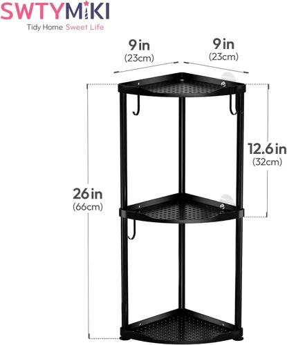 Miniatura 7 de SWTYMIKI Organizador de ducha esquinero de acero inoxidable de 3 niveles, estante de piso de gran capacidad con 4 ganchos, estante de almacenamiento