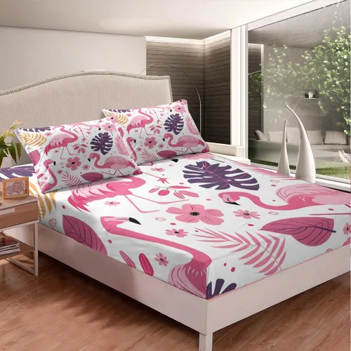 Miniatura 3 de Feelyou Juego de sábanas de flamenco rosa para niñas, tamaño individual, lindas sábanas de flamenco con bolsillo profundo, sábana bajera
