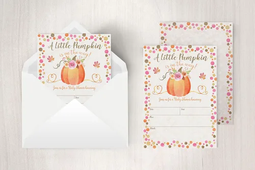 Miniatura 3 de Invitaciones para baby shower de otoño con diseño de calabaza, sobres de tamaño A7 incluidos, cartulina pesada de alta calidad, dos caras, diseño