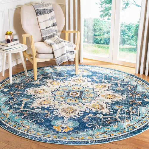 SAFAVIEH Madison Collection - Alfombra redonda de 8 pies, color azul y azul claro, diseño bohemio, elegante, de medallón envejecido, no desprende