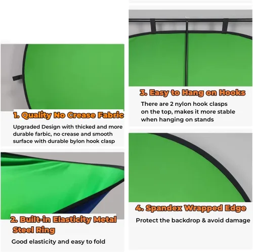 Miniatura 4 de Telón de Fondo de Pantalla Verde Azul Doble Cara Plegable con Bolsa de Transporte, Telón de Fondo de Pantalla Verde Desplegable Portátil para Webcam