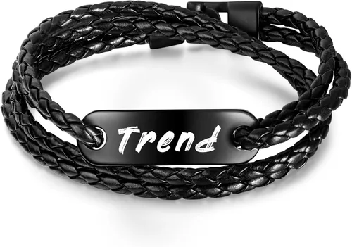 GEAPRIE Pulsera de cuero personalizada con texto personalizado Pulsera de cuero PU para hombres de moda de tres capas, Cuero, Sin gemas.