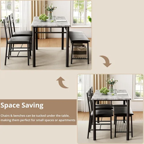 Miniatura 6 de IRONCK Juego de mesa de comedor para 4, mesa de cocina con banco tapizado y 2 sillas, juego de mesa de cocina y sillas para espacio pequeño, Gris
