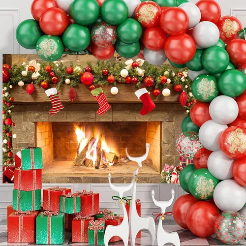 Miniatura 2 de Mocsicka Telón de fondo temático de chimenea navideña para fotografía, árbol de Navidad, calcetín, regalo, decoraciones para fiestas familiares