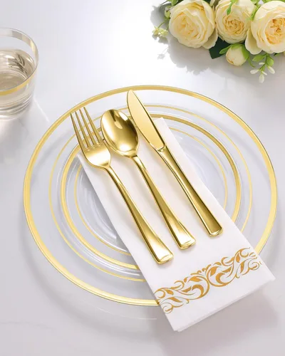 Miniatura 3 de Goodluck 700 platos de plástico dorado transparente para 100 invitados