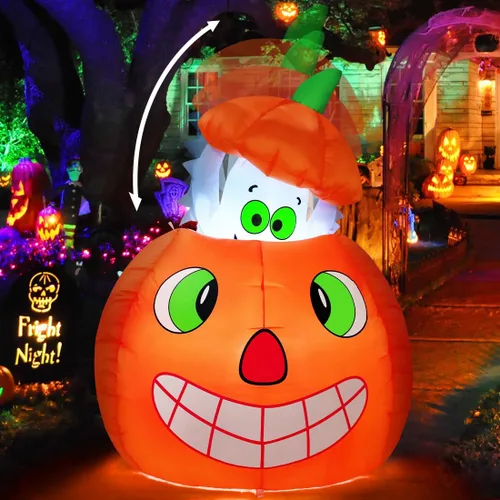 COMIN Inflables de Halloween de 5 pies con fantasmas animados de calabaza para exteriores, decoración de patio inflable con LED integrados para