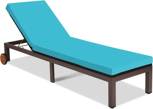 Tangkula - Sillón reclinable de mimbre con ruedas, con asientos acolchados, reclinable en 5 posiciones ajustables, para jardín, patio y alberca (1,