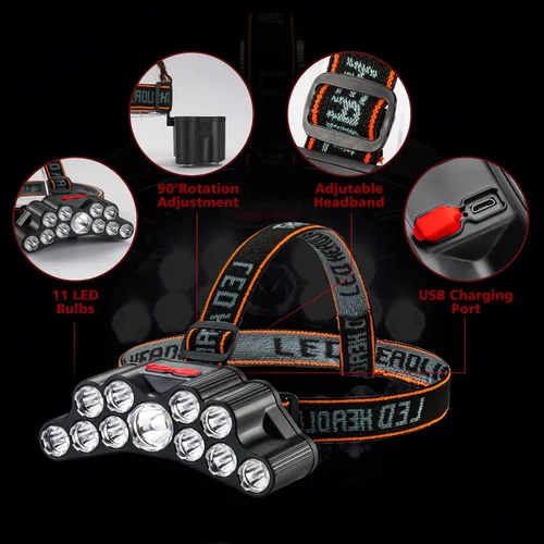 Miniatura 2 de Linterna frontal recargable, 22000 lúmenes altos, 11 luces de cabeza para frente, IPX5 impermeable, lámparas de cabeza LED súper brillantes