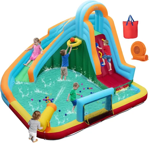 Miniatura 14 de Boundtech - Casa inflable para saltar, para usar en la alberca, con dos toboganes, pared de escalada, aro de baloncesto, alberca para sambullirse