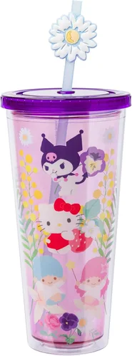 Silver Buffalo Sanrio Hello Kitty y sus amigos con Kuromi y Little Twin Stars - Vaso de plástico para bebidas frías con tapa y popote superior, 710