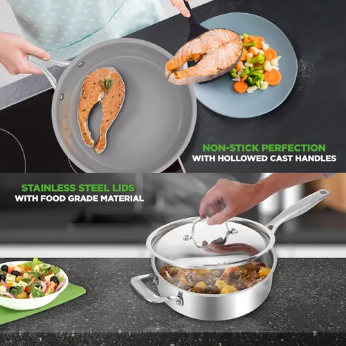 Miniatura 4 de NutriChef Juego de utensilios de cocina profesionales de acero inoxidable de 12 piezas, ollas de tres capas, sartenes antiadherentes de cerámica
