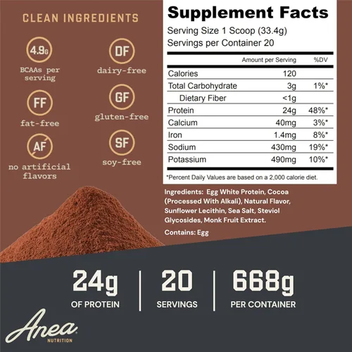 Miniatura 3 de Proteína de clara de huevo de Anea - Chocolate 0.85 oz de proteína Sin grasa, sin colesterol 0.17 oz de BCAA Perfil completo de aminoácidos