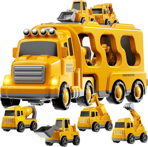 Camiones de construcción de juguetes para niños de 2, 3, 4, 5 años, vehículo de transporte 5 en 1 para niños pequeños de 2 a 4 años con grúa,