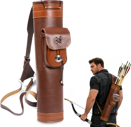 TOPARCHERY - Aljaba Tradicional para Hombro y Espalda de Cuero con Bolso Grande, Correas Hechas a Mano, Marrón