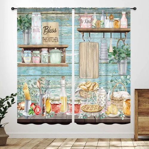 Miniatura 16 de Cortinas Rústicas de Cocina, Tenedor Cuchara Retro Tablón de Madera Granja País Tema de Cocina Citas Divertidas Tratamiento de Ventana