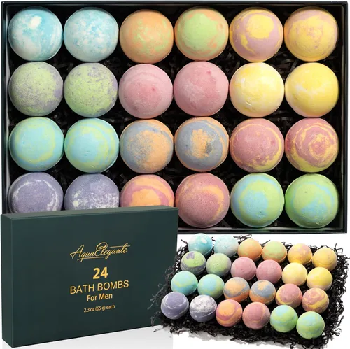 Aqua Elegante Bombas de baño de lujo para hombres, juego de 24 bombas de baño gaseosas con aceites esenciales, manteca de karité, aceite de coco,