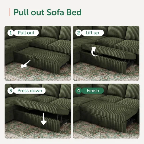 Miniatura 5 de HONBAY - Sofá seccional modular con cama desplegable, sofá en forma de L de pana con almacenamiento, sofás seccionales para sala de estar, verde