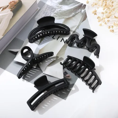 Miniatura 6 de 5 pinzas de pelo grandes para cabello grueso, pinzas de pelo grandes de plátano para mujeres, antideslizantes, de sujeción fuerte (negro mate)