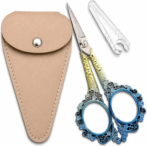 Miniatura 13 de Tijeras de costura afiladas con funda, tijeras de bordado para manualidades, hilo y punto de cruz, herramienta DIY, 4.5 pulgadas, doradas y verdes