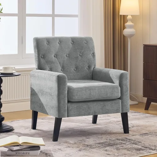 Miniatura 14 de Sillas decorativas modernas de mediados de siglo, silla de oficina de felpilla beige para recepción, silla de club tapizada para sala de estar