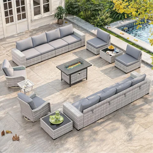 Miniatura 41 de Juego de muebles de mimbre para patio al aire libre de 3 piezas, sillas de patio giratorias mecedoras con respaldo alto con cojines gruesos de 4