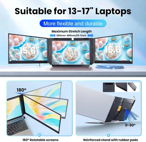 Miniatura 7 de Extensor de pantalla para laptop, monitor portátil triple FHD 1080P de 14 pulgadas para portátiles, base elástica y pantalla desmontable, Plug &