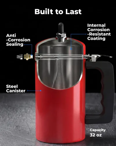 Miniatura 3 de toolant Pulverizador presurizado recargable de 32 onzas, recipiente de acero, forro resistente al óxido, válvula de aguja resistente a fugas, Rojo