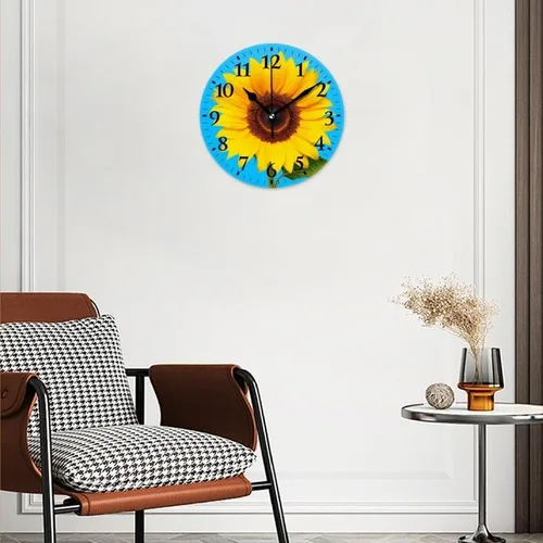 Miniatura 2 de Reloj de pared, funciona con pilas, redondo, silencioso, sin tictac, girasol contra fondo azul, reloj decorativo para cocina, baño, sala de estar