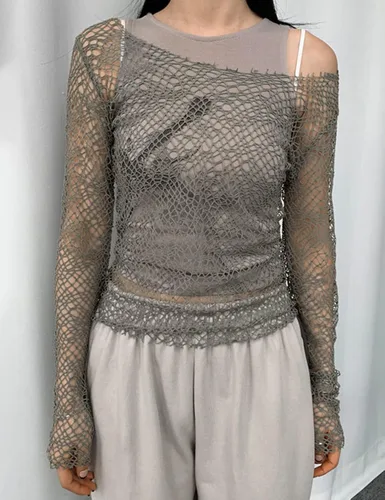 Miniatura 4 de Yeenily Camiseta de punto de ganchillo para mujer con malla de manga larga transparente