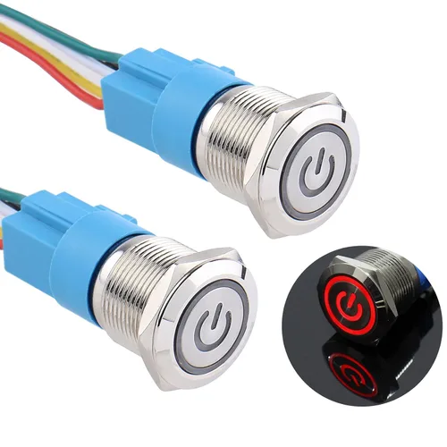 Miniatura 10 de 2 piezas de interruptor de botón de metal de cierre de 16 mm, 12V-24V, encendido/apagado, 1NO 1NC, impermeable, autoblocante, carcasa plateada