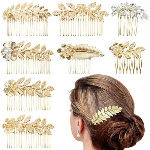 Paquete de 8 peines laterales de hojas para mujeres y niñas, clips decorativos de metal para novia, peine de pelo dorado con giro francés para