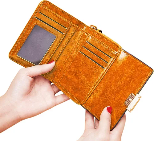 Miniatura 3 de PofeeXIO Cartera de cuero RFID para mujer con tarjetero triple plegable para mujer con correa de muñeca corta para mujer, cartera con múltiples